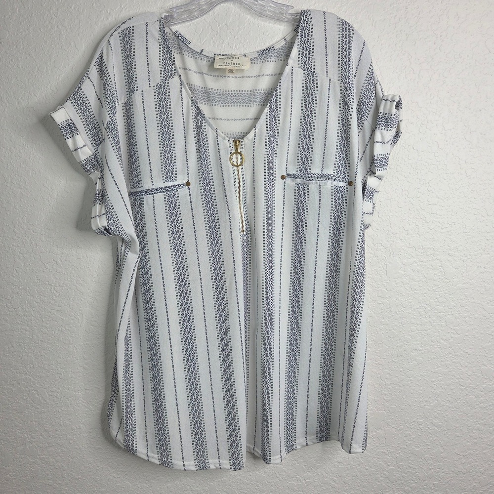 Flower & Feather Blouse 2XL White Blue Striped Half Zip Boho Eclectic Casual